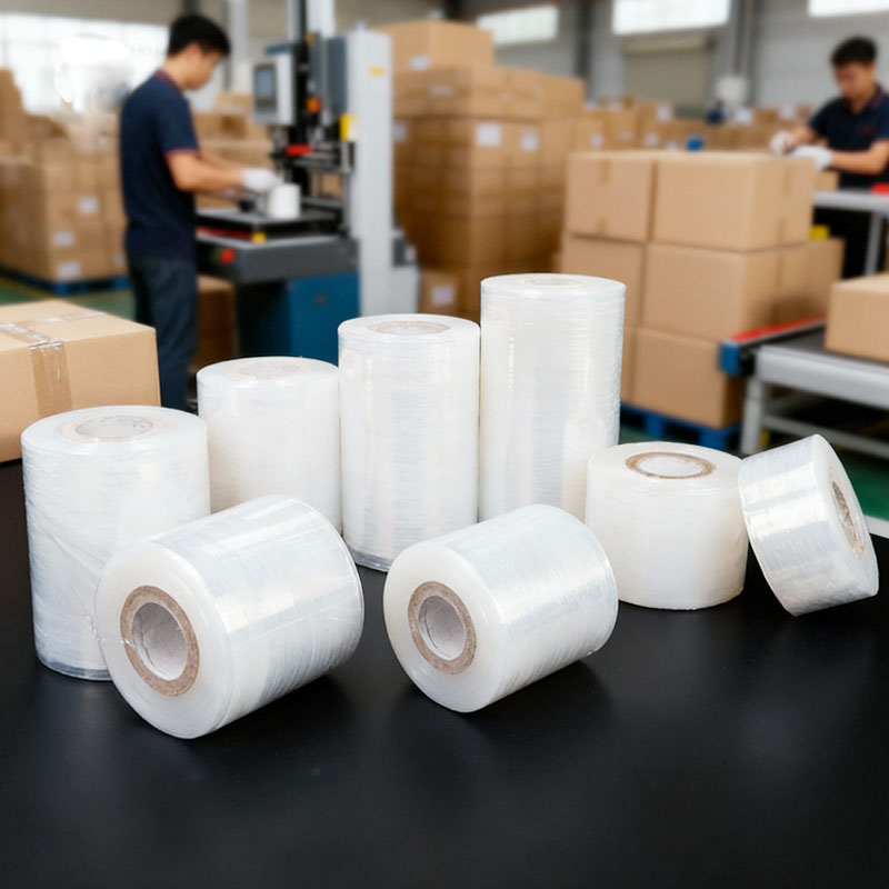 Película de envoltura estirable PE en rollo pequeño de 3/6/10 cm, película de embalaje plástico, película de flejado de alta resistencia a la tracción, película de envoltura estirable transparente con múltiples especificaciones