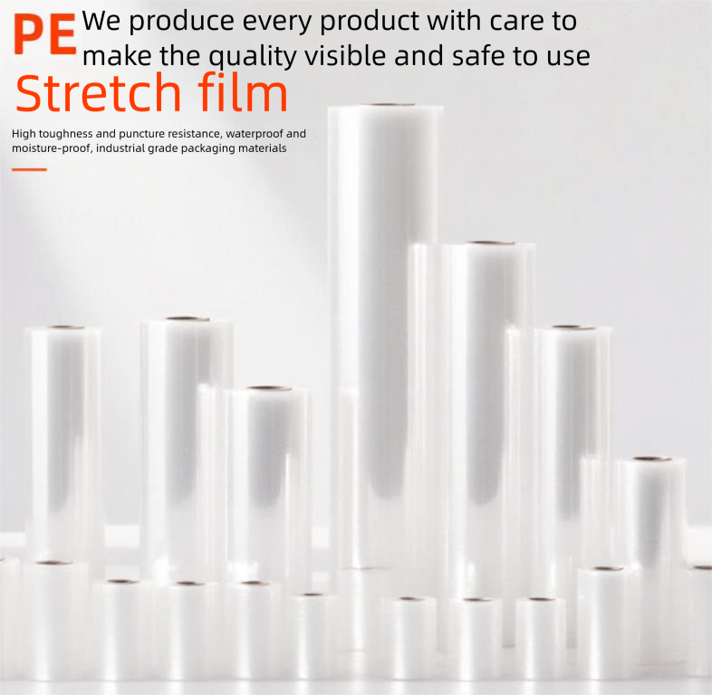 Película de plástico extensible para envolver alimentos, película de embalaje industrial PE, película protectora en rollos grandes