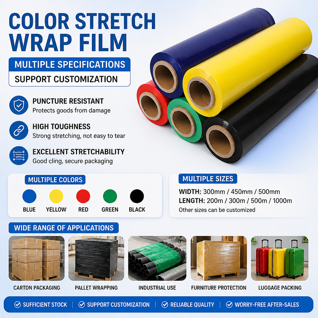Fabricante de película estirable resistente al desgarro Lldpe película retráctil de color película plástica para envolver palés película estirable manual