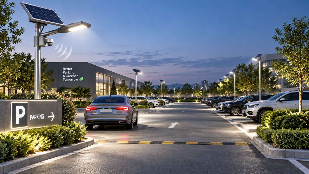 Setting motion sensor coverage for solar parking lot lights Ajuste de la cobertura del sensor de movimiento en luminarias solares para estacionamientos