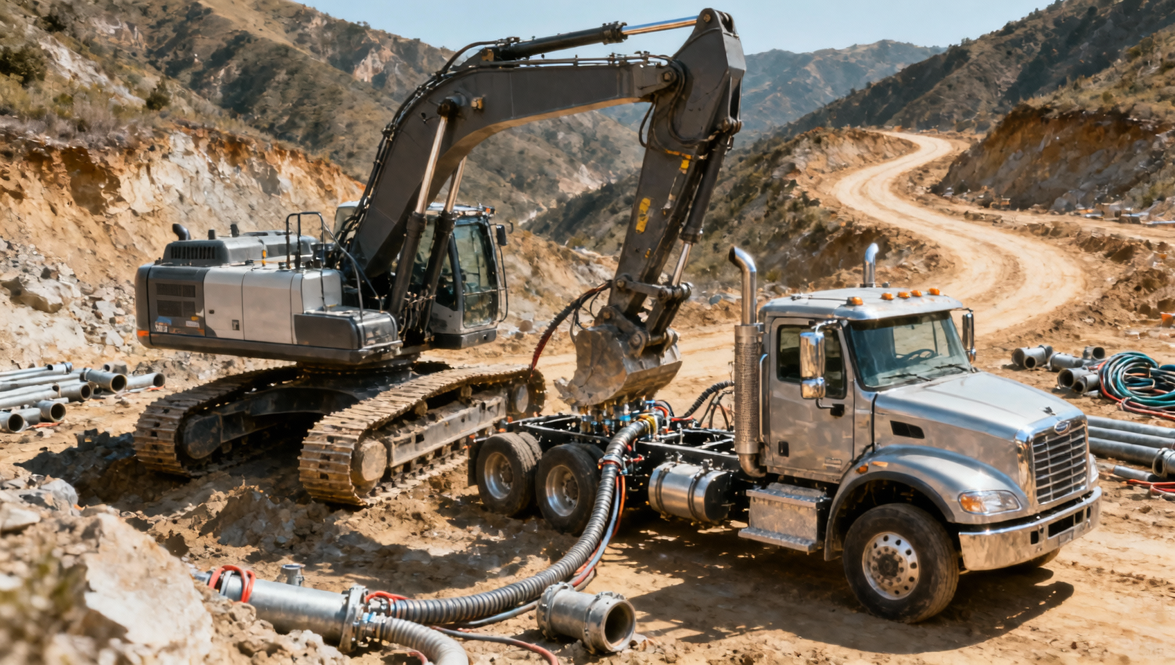 What makes an excavator suitable for pipeline installation in challenging terrain?