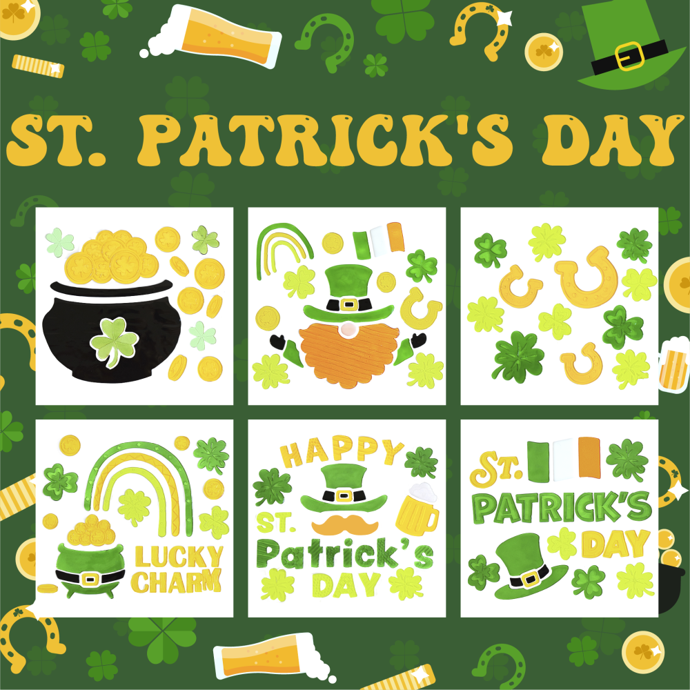 6 шт. гелевых наклеек на окна ко Дню Святого Патрика, Трехлистный клевер, Шляпа лепрекона, Ирландские украшения ко Дню Святого Патрика, Украшения для офиса, Праздничные наклейки на окна для подарков и вечеринок