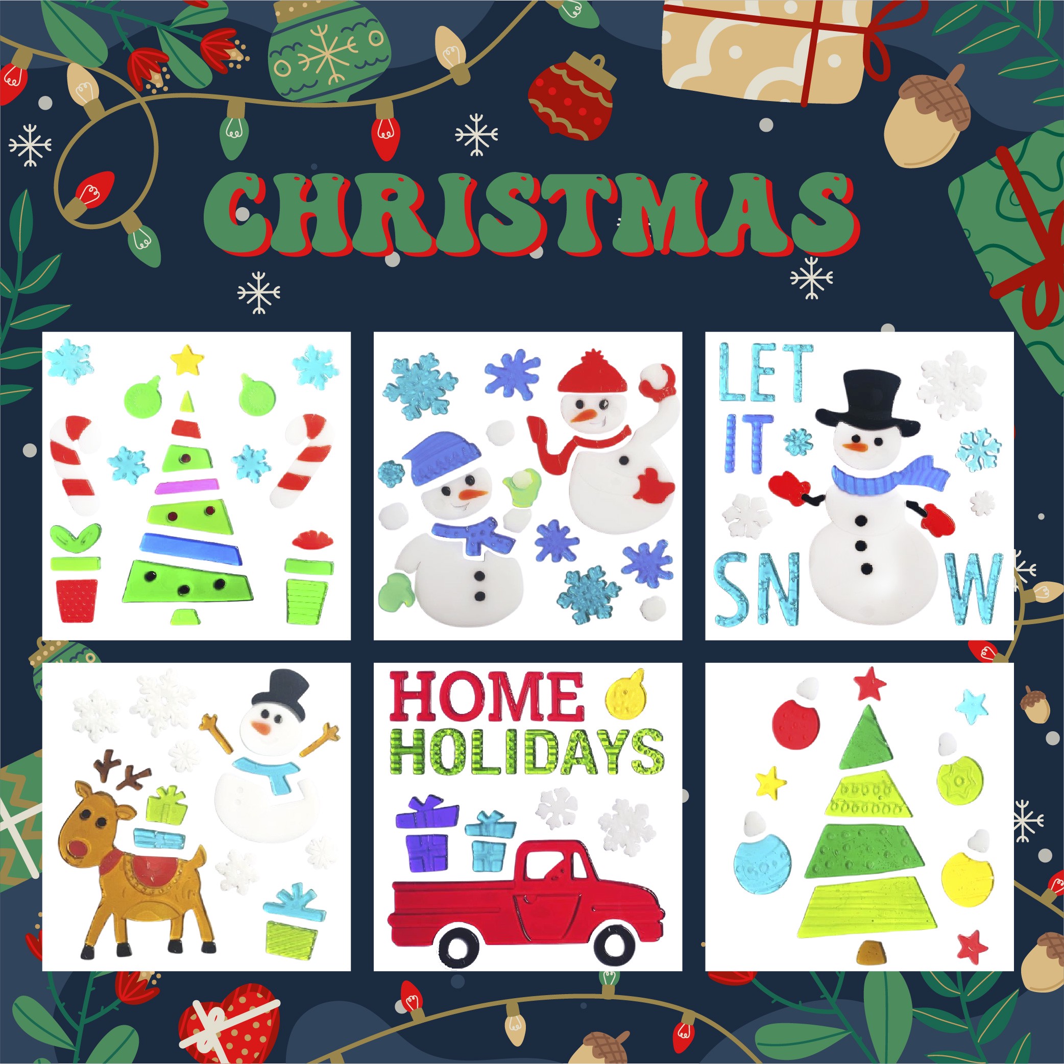 Рождественские наклейки на окна - Санта-Клаус, Снеговик, Снежинка, Пингвин, Рождественская елка, Подарочные наклейки на окна для детей