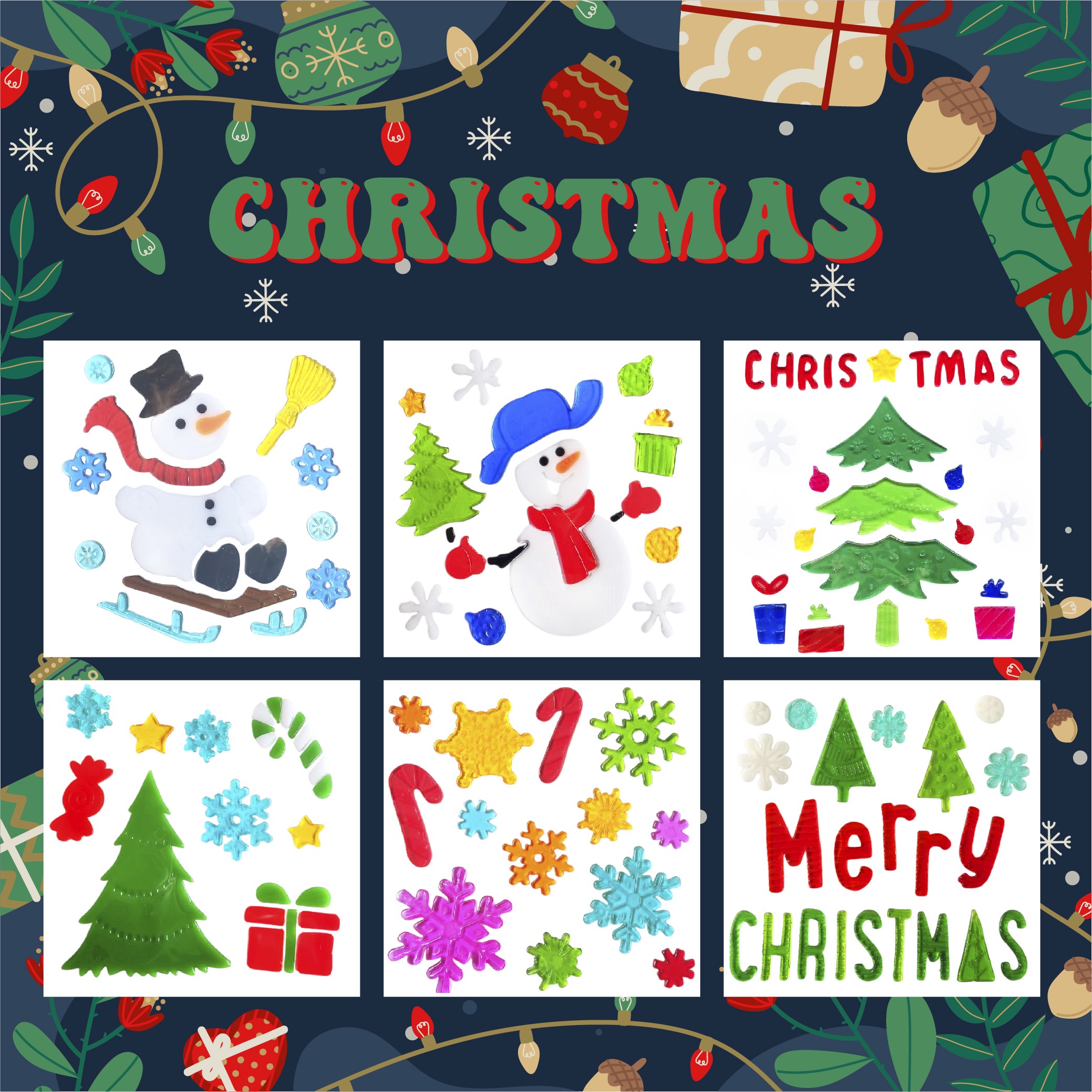 Рождественские наклейки на окна - Санта-Клаус, Снеговик, Снежинка, Пингвин, Рождественская елка, Подарочные наклейки на окна для детей