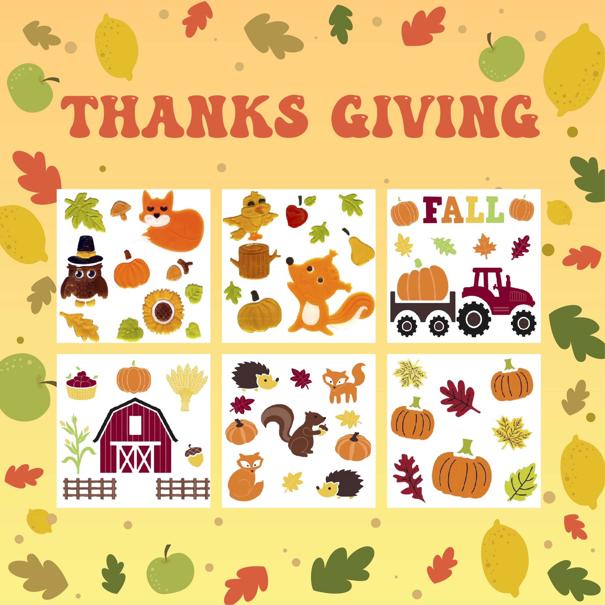 6 листов осенних гелевых наклеек для стеклянных окон, осенние/благодарственные гелевые наклейки, привет осенние листья, тыквы для осеннего праздничного декора окон