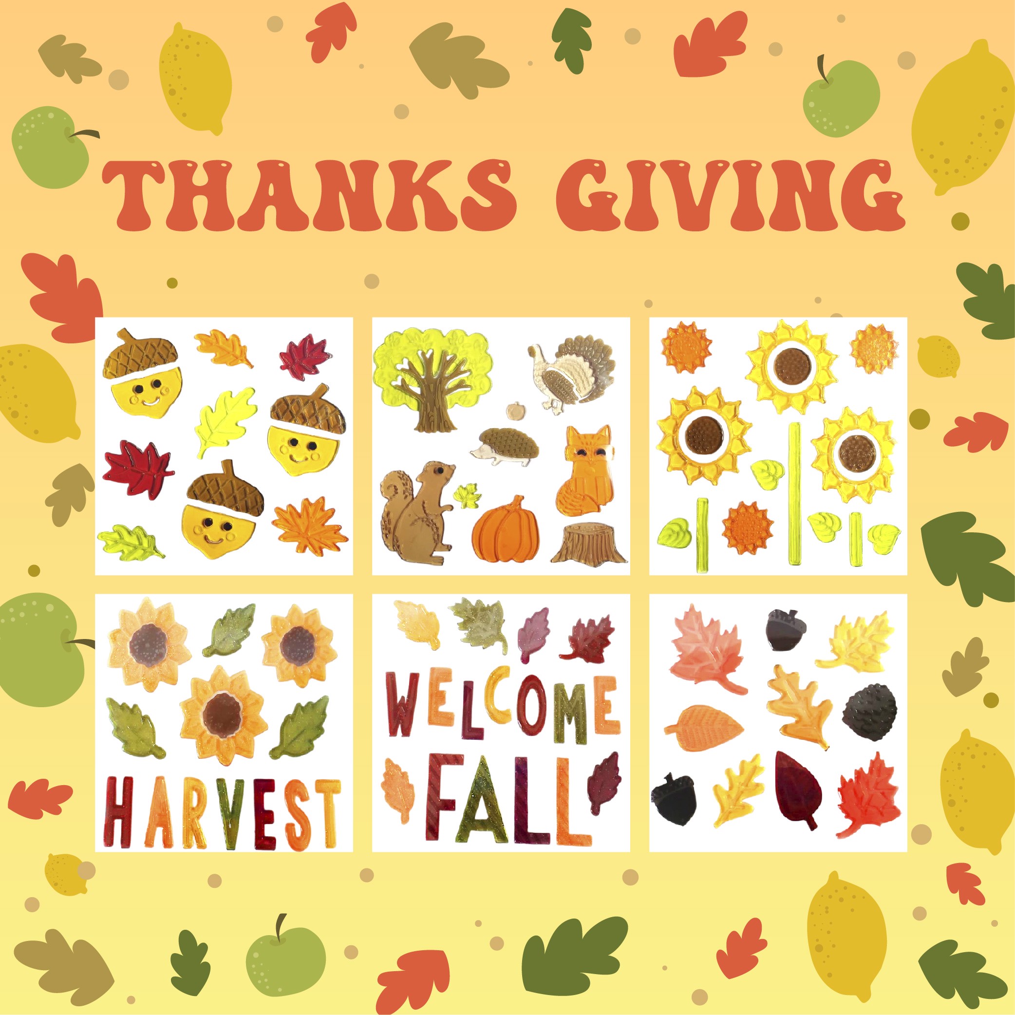 6 листов осенних гелевых наклеек для стеклянных окон, осенние/благодарственные гелевые наклейки, привет осенние листья, тыквы для осеннего праздничного декора окон