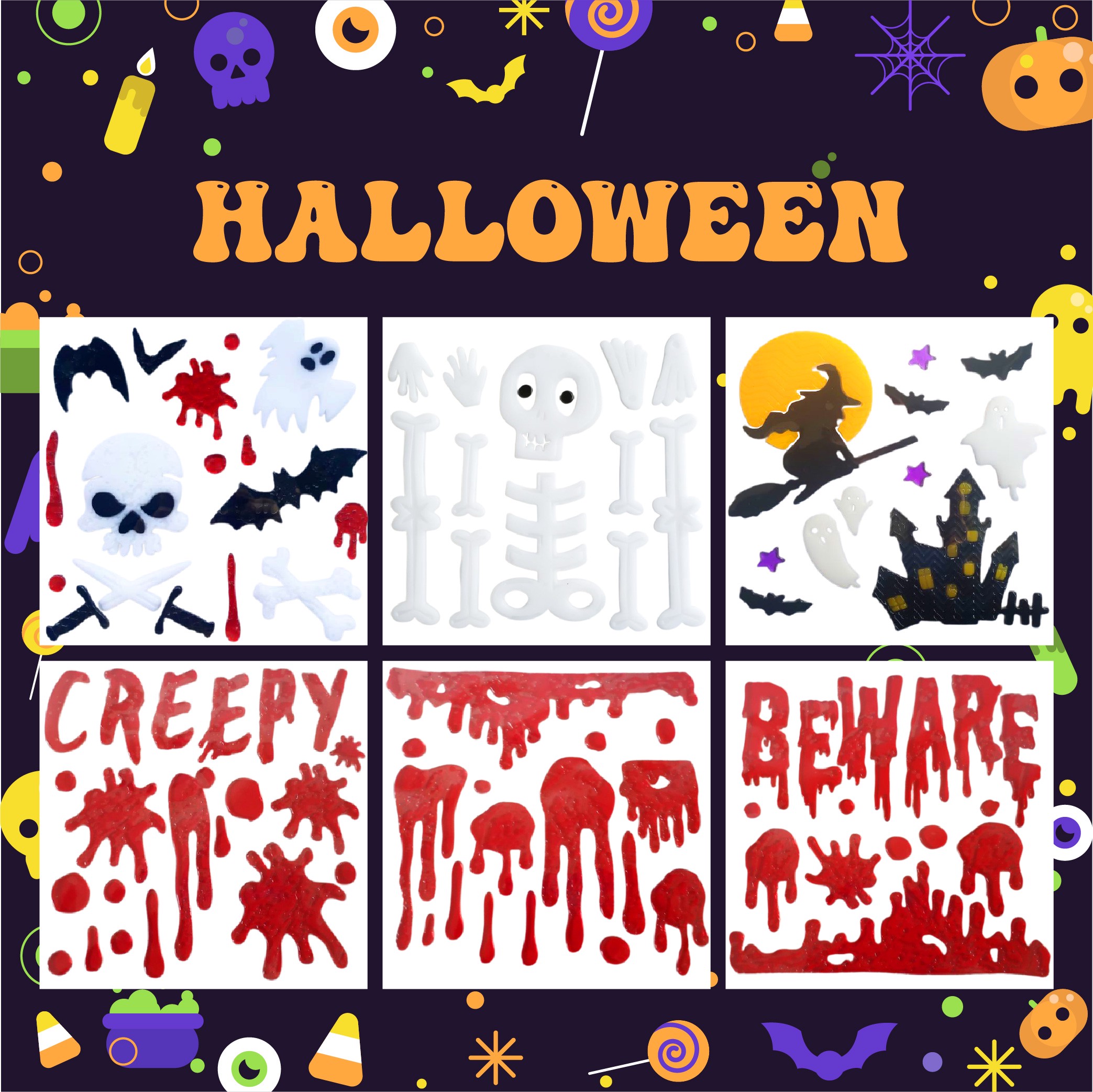 Гелевые наклейки на окно открыто: Призрак, Тыква, Летучая Мышь, Ведьма, Кот, Буу, Кровь, Наклейки для украшения дома и вечеринки на показе.