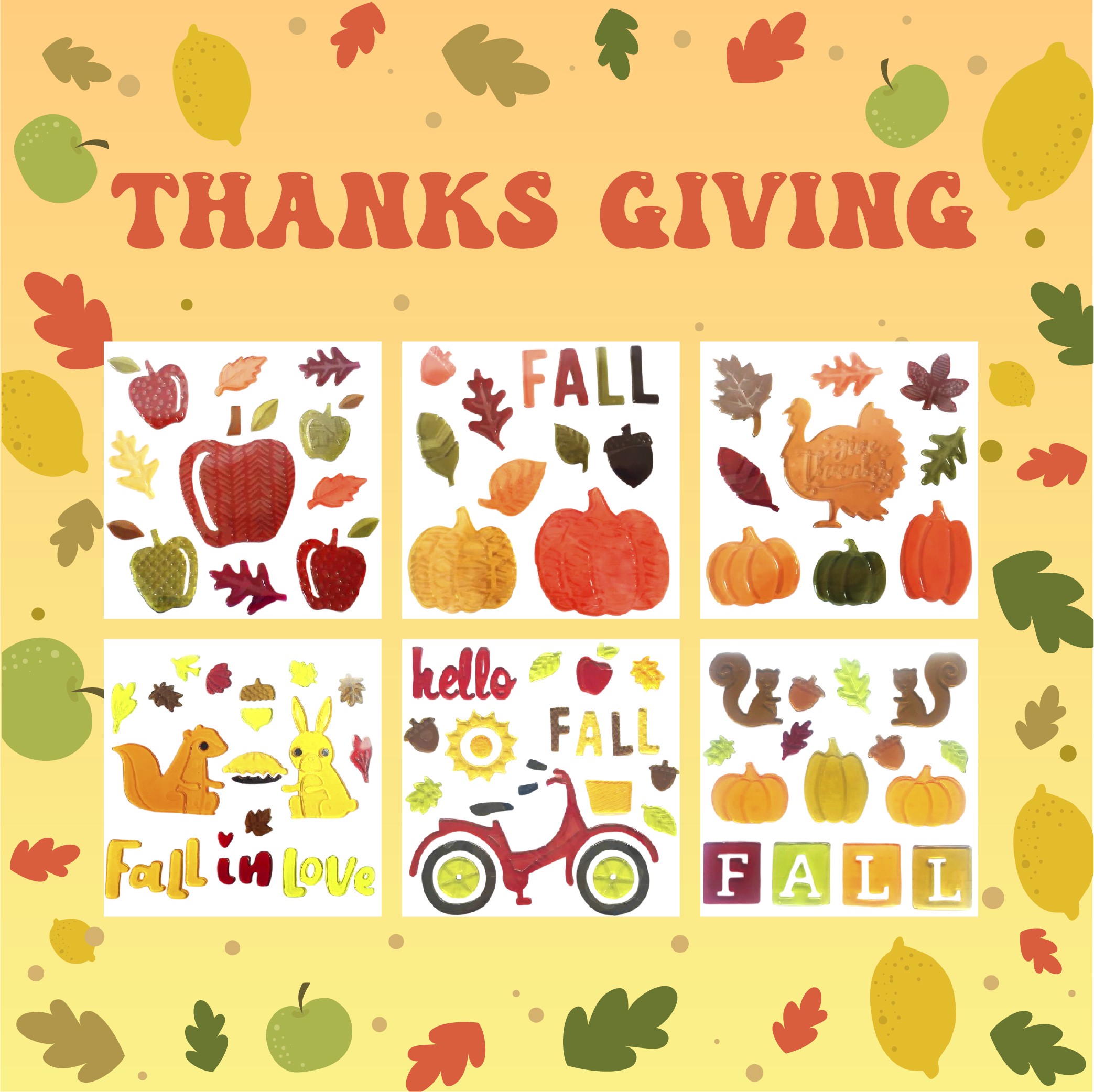 6 листов осенних гелевых наклеек для стеклянных окон, осенние/благодарственные гелевые наклейки, привет осенние листья, тыквы для осеннего праздничного декора окон