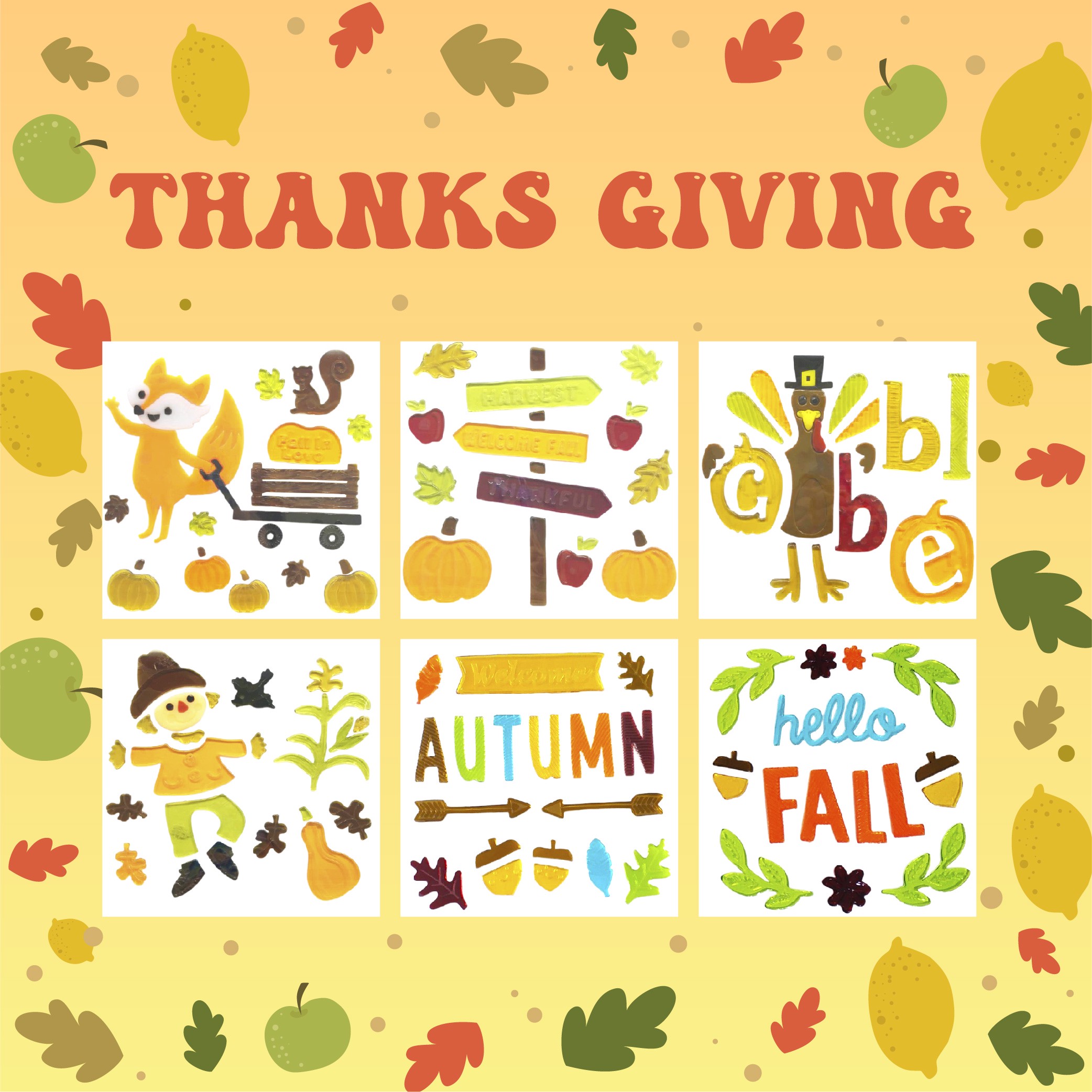 6 листов осенних гелевых наклеек для стеклянных окон, осенние/благодарственные гелевые наклейки, привет осенние листья, тыквы для осеннего праздничного декора окон