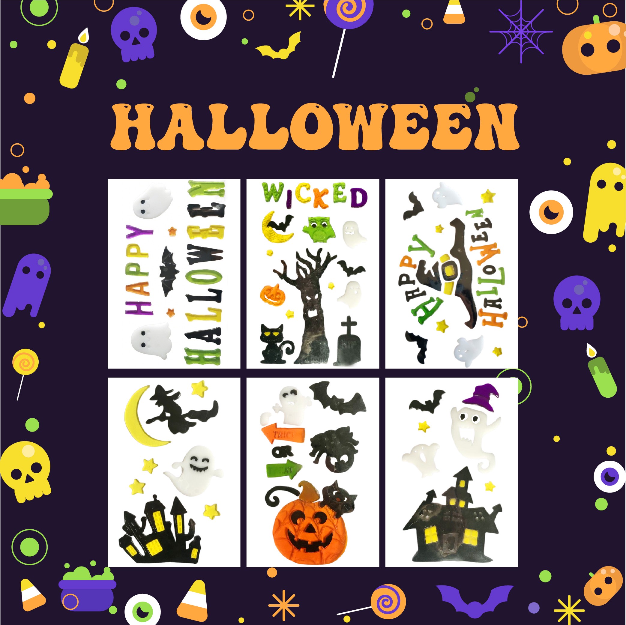 Гелевые наклейки на окна Хэллоуина: Призрак, Тыква, Летучая Мышь, Ведьма, Кот, Буу, Кровь, Наклейки для украшения дома и вечеринки на Хэллоуин