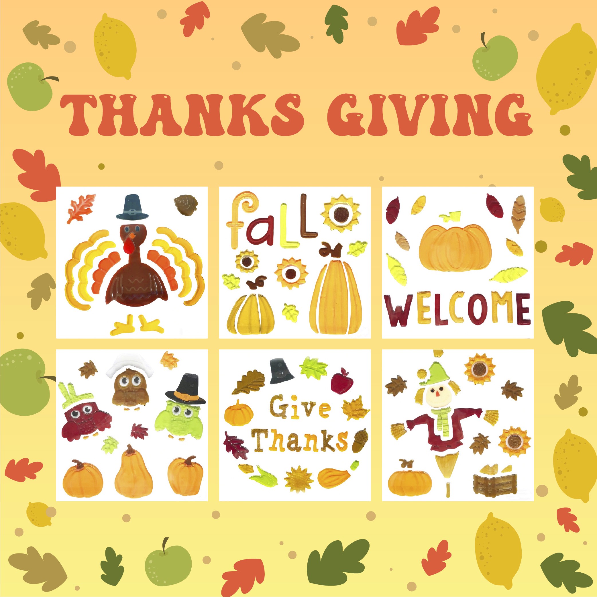 6 листов осенних гелевых наклеек для стеклянных окон, осенние/благодарственные гелевые наклейки, привет осенние листья, тыквы для осеннего праздничного декора окон