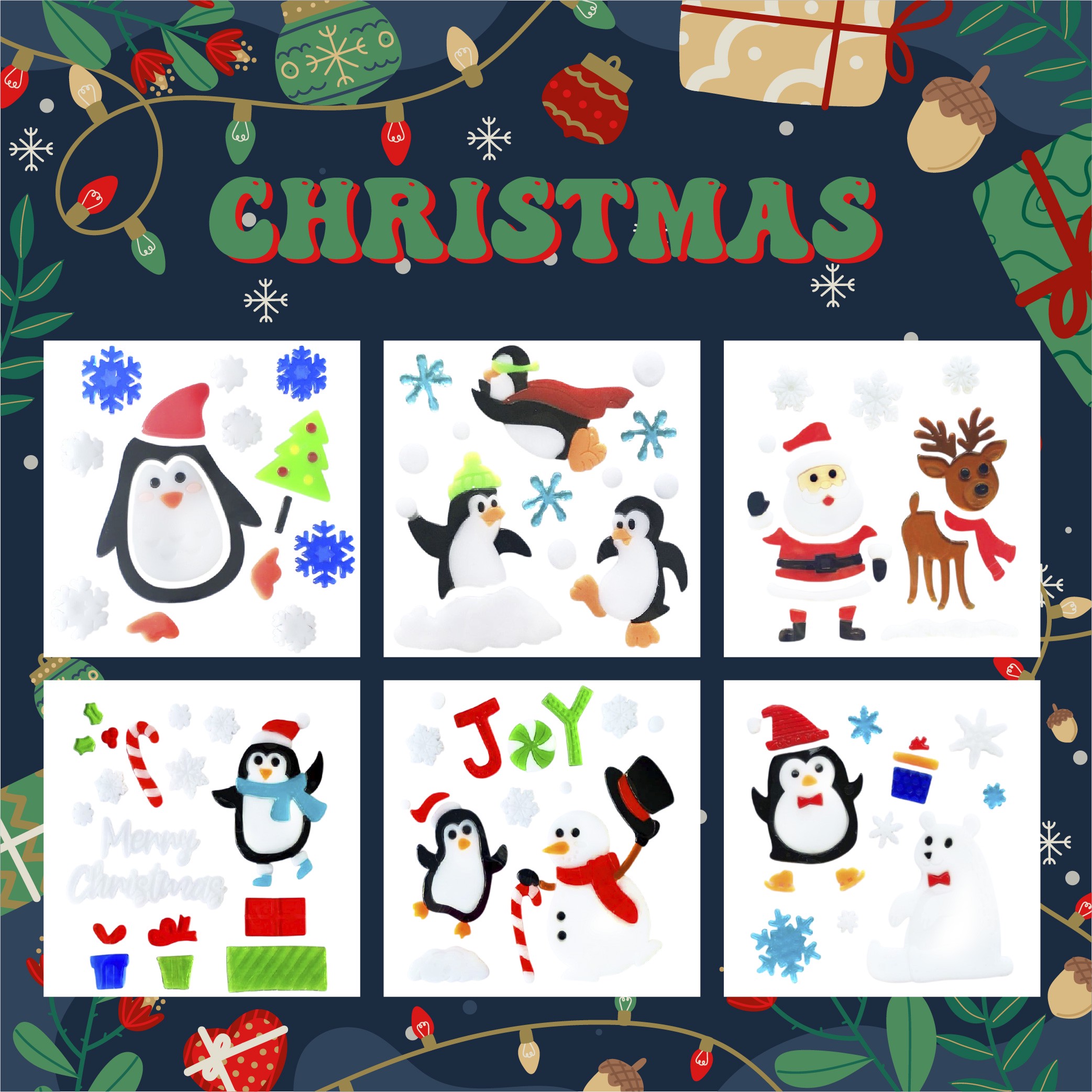 Рождественские наклейки на окна - Санта-Клаус, Снеговик, Снежинка, Пингвин, Рождественская елка, Подарочные наклейки на окна для детей