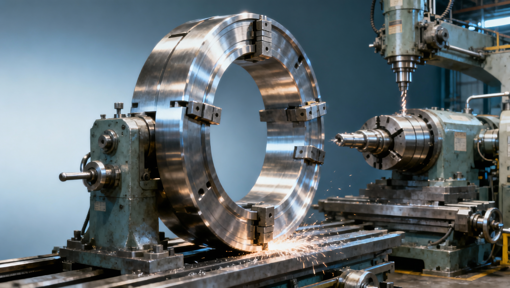 Vertical lathe or horizontal setup for oversized ring parts Vertical lathe or horizontal setup for oversized ring parts