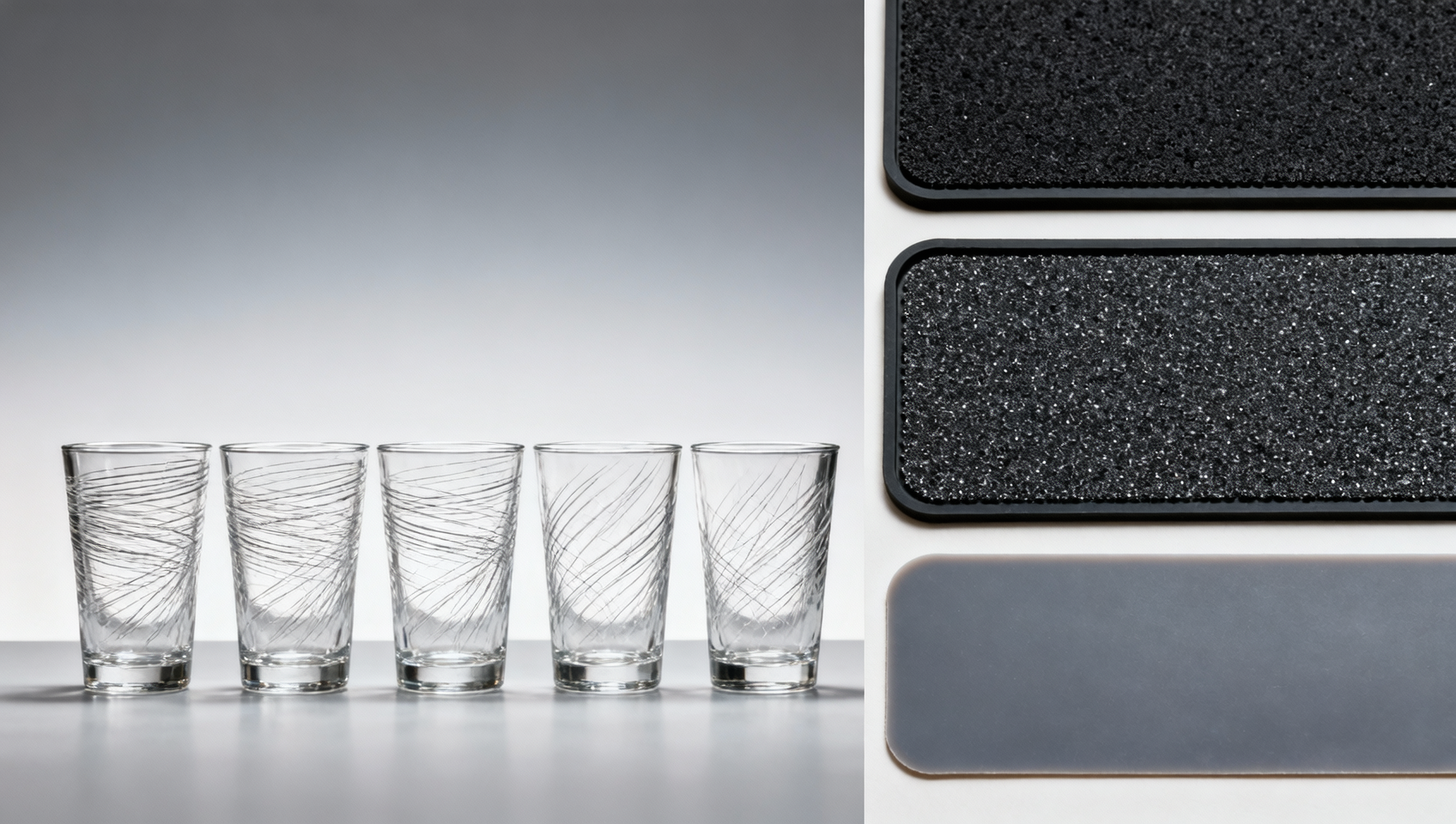 Glass cocktail cups scratching after bar mat contact—surface hardness vs. abrasive backing material Glass cocktail cups scratching after bar mat contact—surface hardness vs. abrasive backing material
