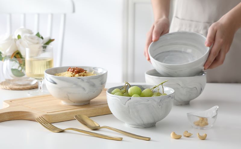 Marbling Ceramic Bowl Set of 4, Dishwasher and Microwave Safe, ramen rice soup bowl，salad bowl