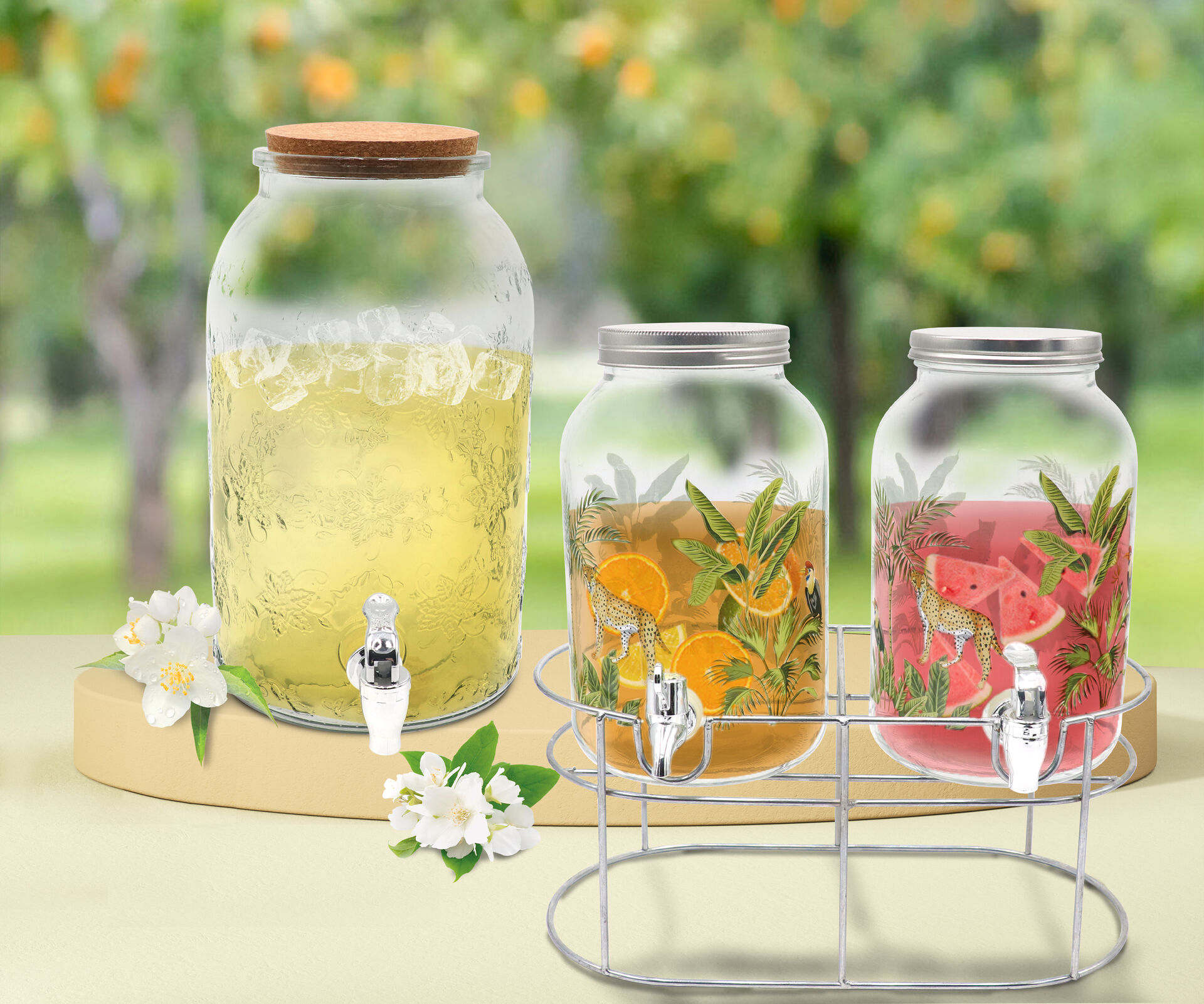 Glass Drink Dispenser, Mason Jar Drink Dispenser with Spigot, Tea, Juice, and Beverage Server , Thick Glass, Leak Resistant Easy-Pull Spigots