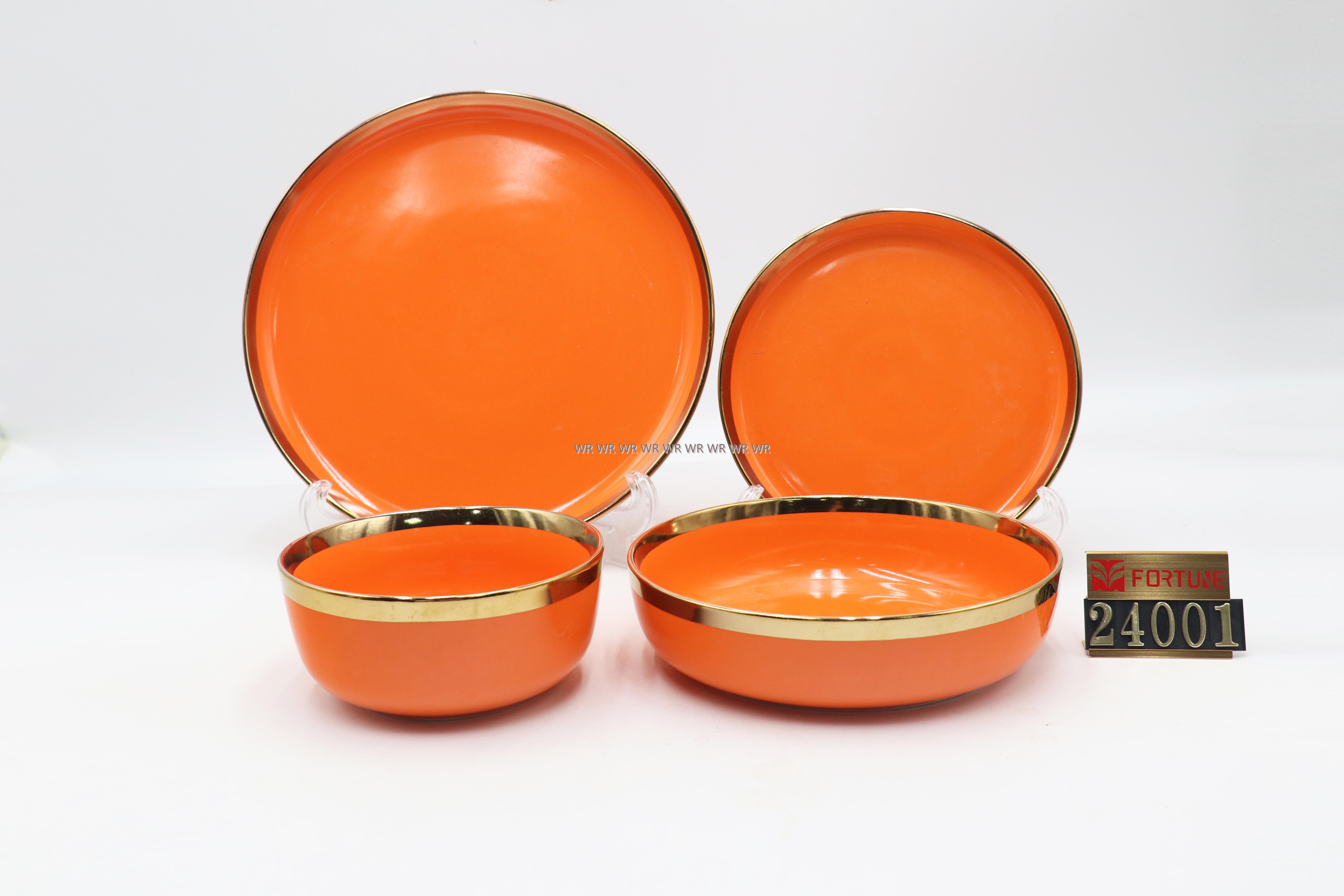 Pumpkin Color Porcelain Tableware, Ceramic Dinnerware Sets with Golden Rim, Bowl/Plate