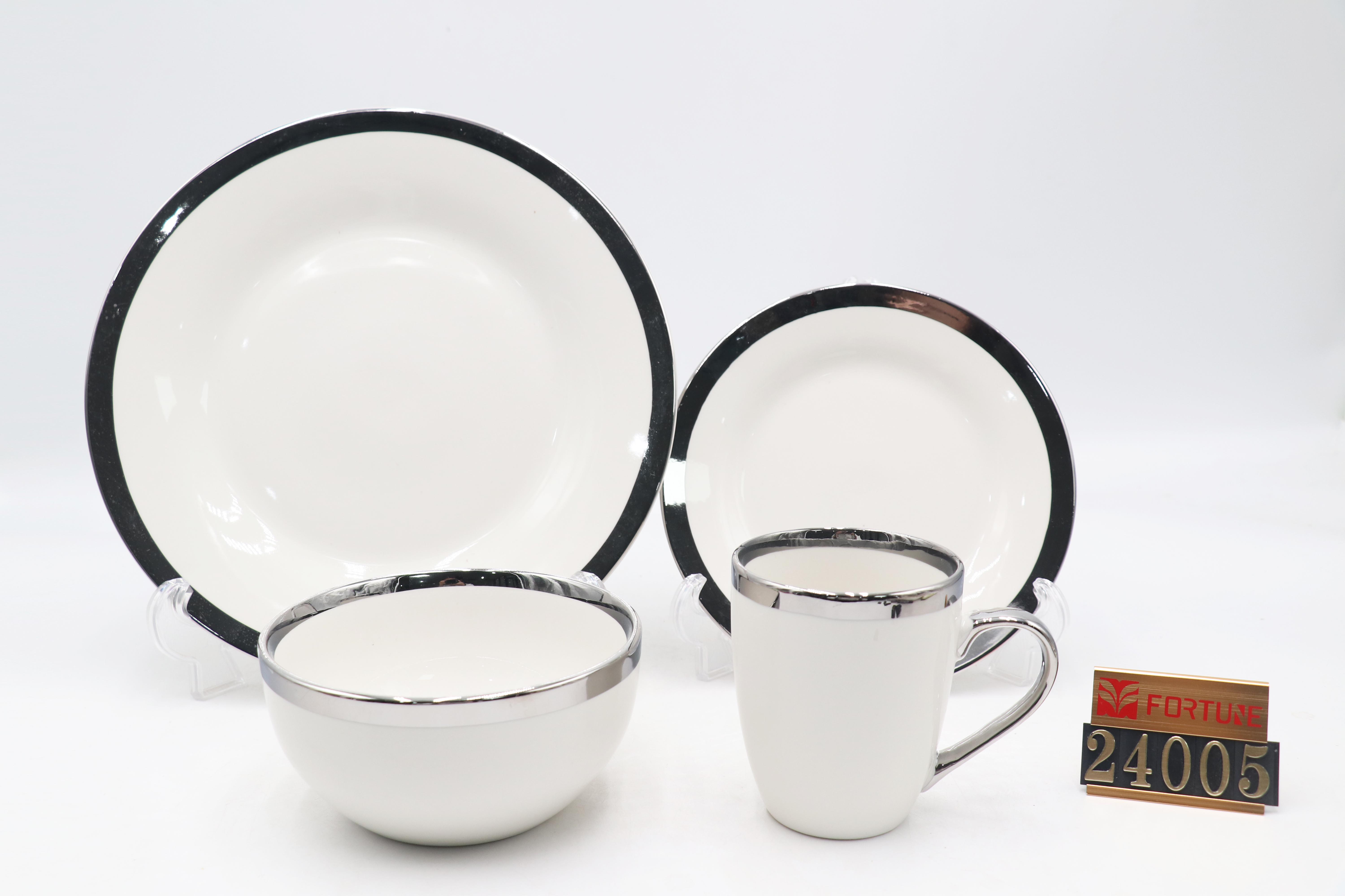 Porcelain Dinnerware Set, White and Silvery Rim Tableware, Bowl/Plate/Mug