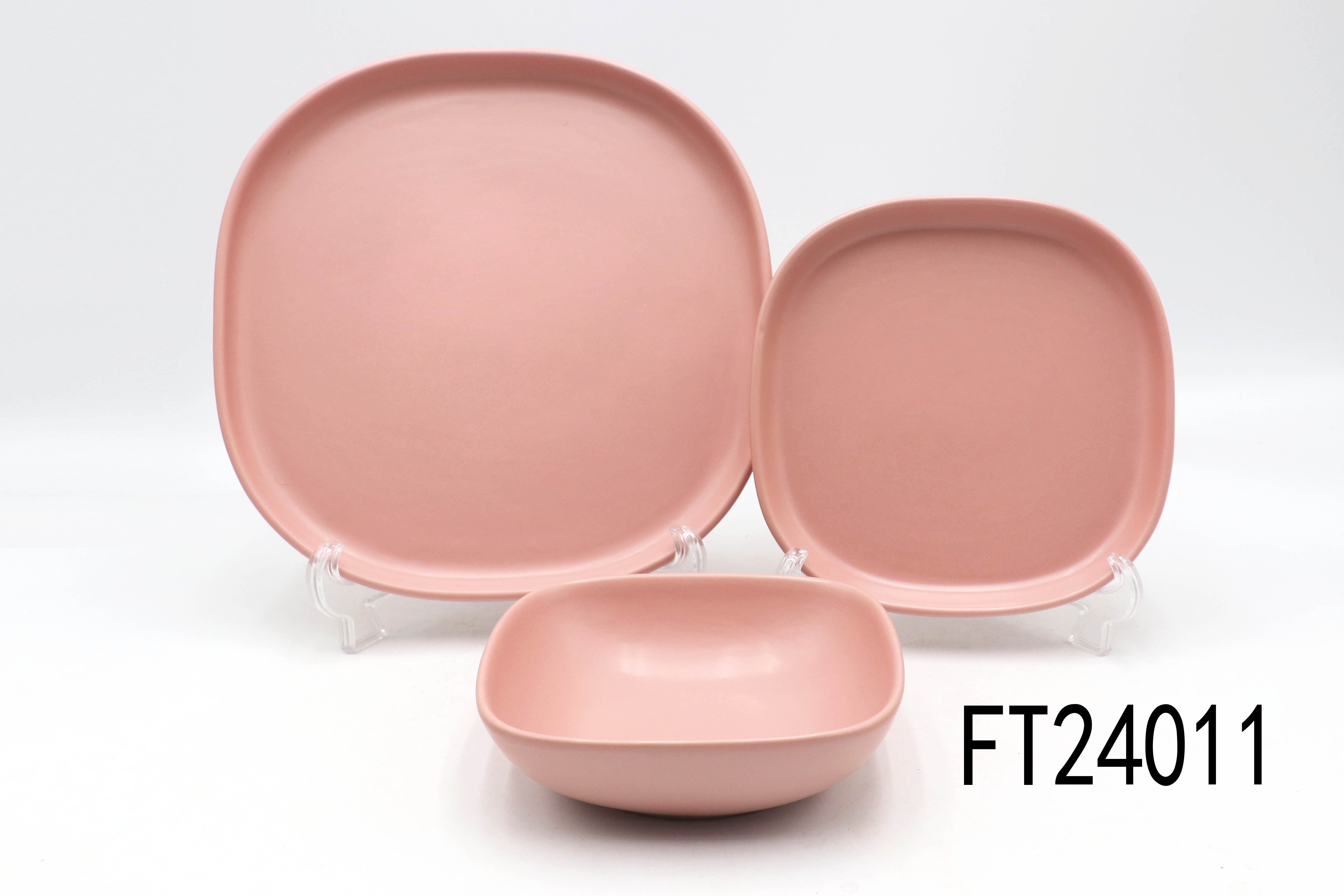 Modern Flat Stoneware Dinnerware Set, Pink Ceramic Tableware