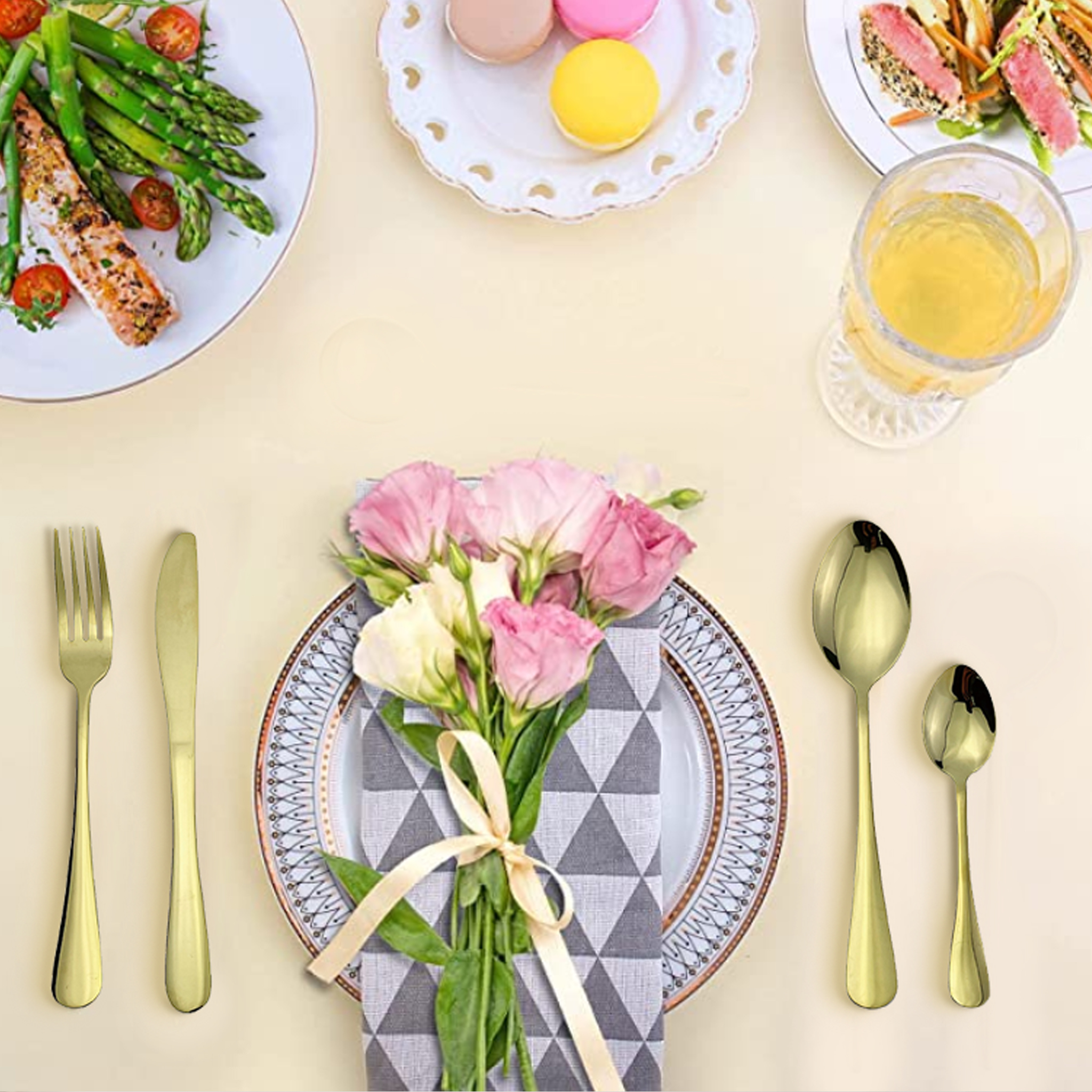 Food Grade Stainless Steel Gold Flatware Set, Kitchen Utensil Set, Tableware Cutlery Set for Home and Restaurant, Dishwasher Safe, Dinner Fork/Spoon/Knife, Tea spoon, Salad fork