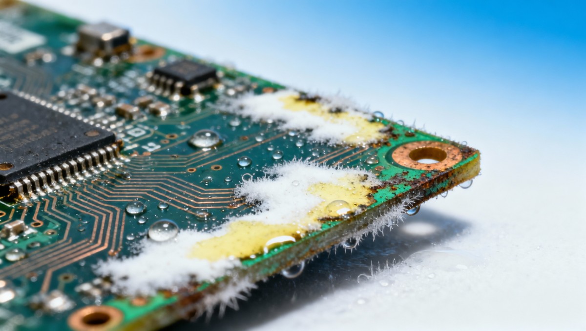 Electronic assembly flux residues accelerating corrosion in humid coastal environments