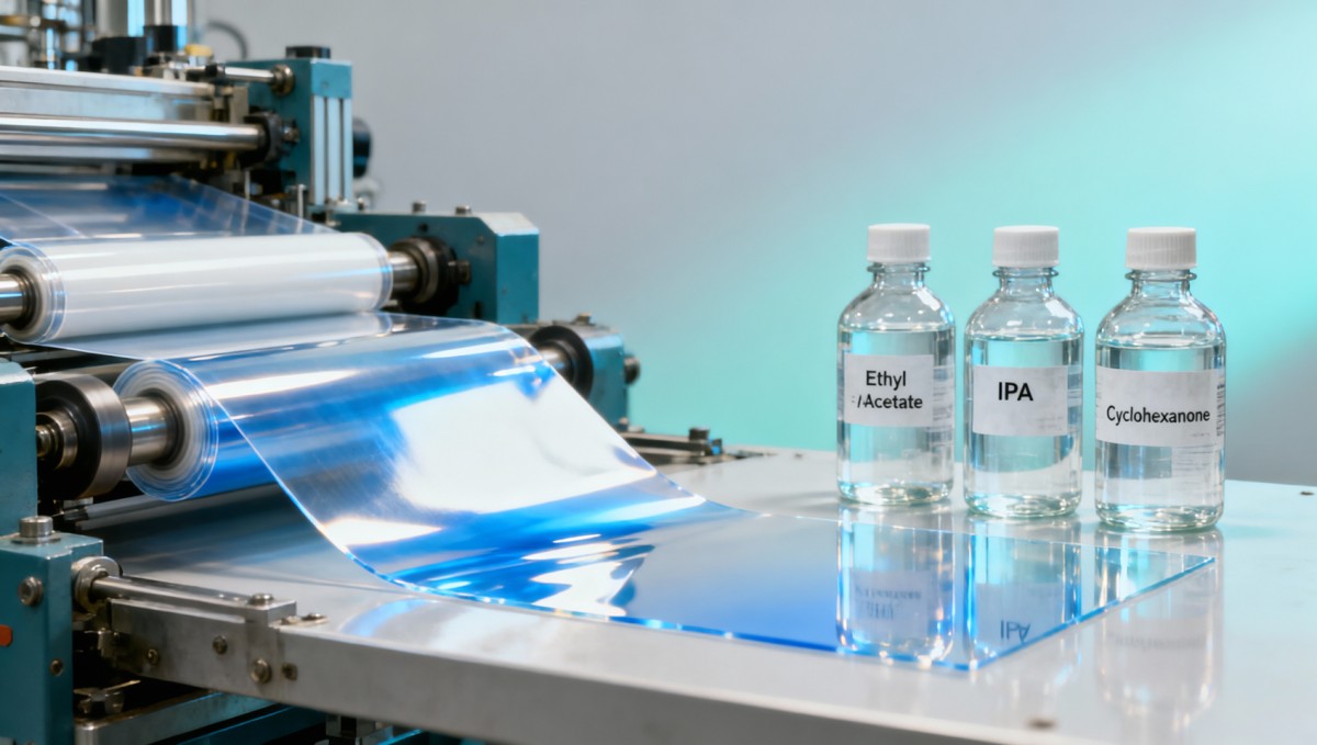 Solvents compatible with PET film—but not with common adhesive layers