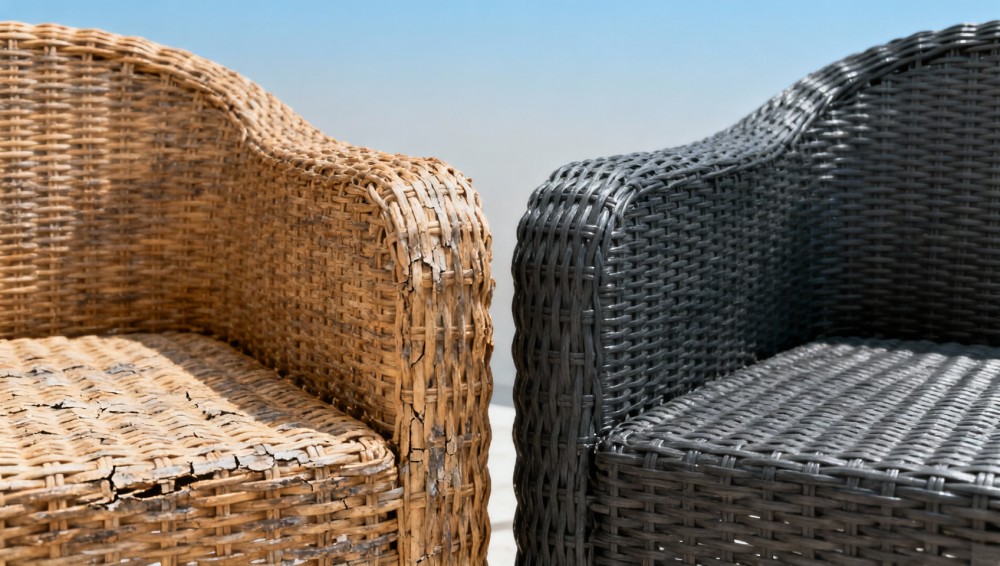 Rattan wicker patio sofa longevity: natural vs. PE resin weaves under constant sun exposure