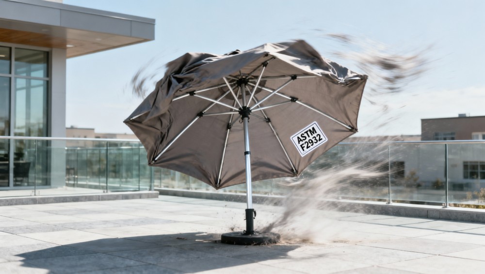 Patio umbrellas rated for ‘all-weather’ use collapsing in 35 mph gusts—what the ASTM label omits