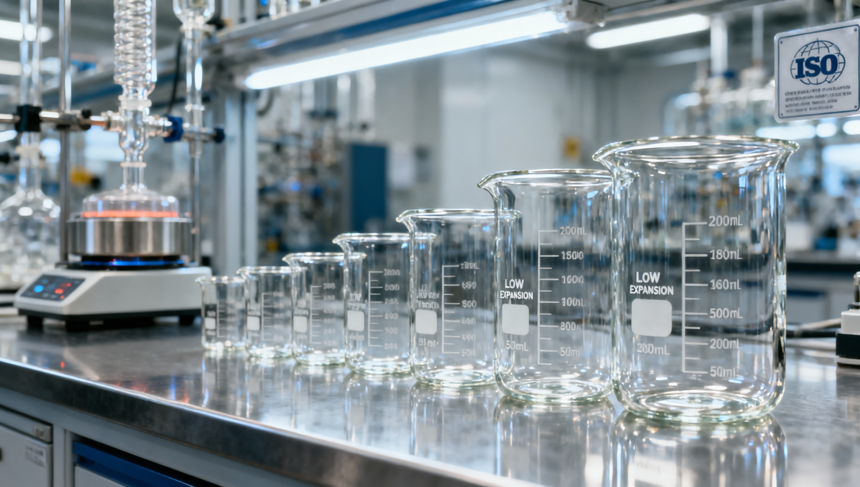 Borosilicate glass beakers labeled 'low expansion'—but how low is low enough for reflux?