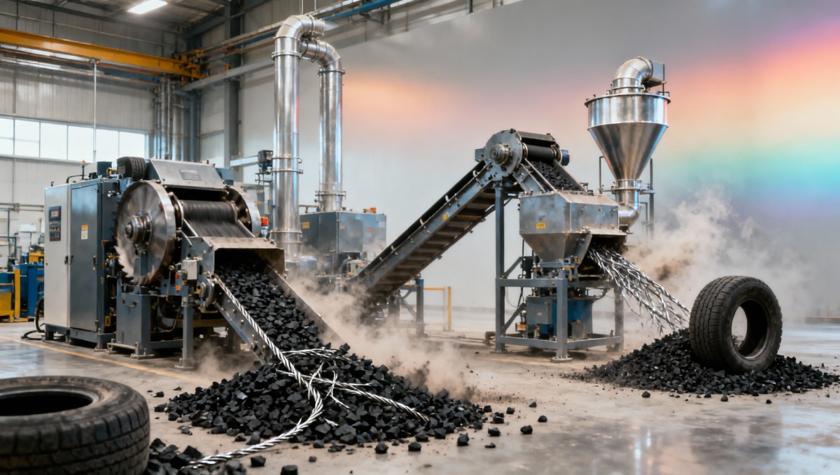 Tire recycling machine layouts that reduce dust and wire loss