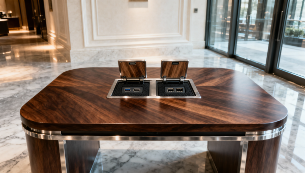 Hotel tables with hidden cable management—and visible warping after six months
