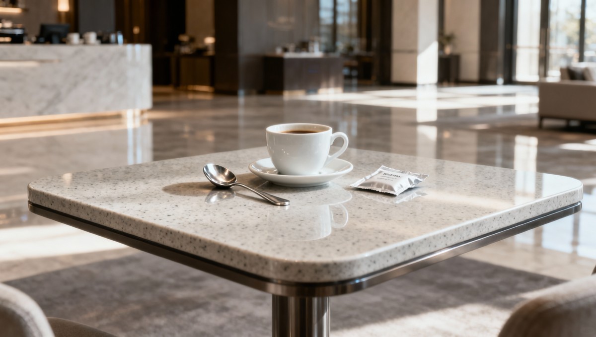 Hotel tables marketed as ‘scratch-resistant’—but showing micro-scratches after daily coffee service