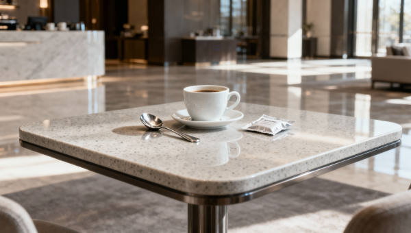 Hotel tables marketed as ‘scratch-resistant’—but showing micro-scratches after daily coffee service