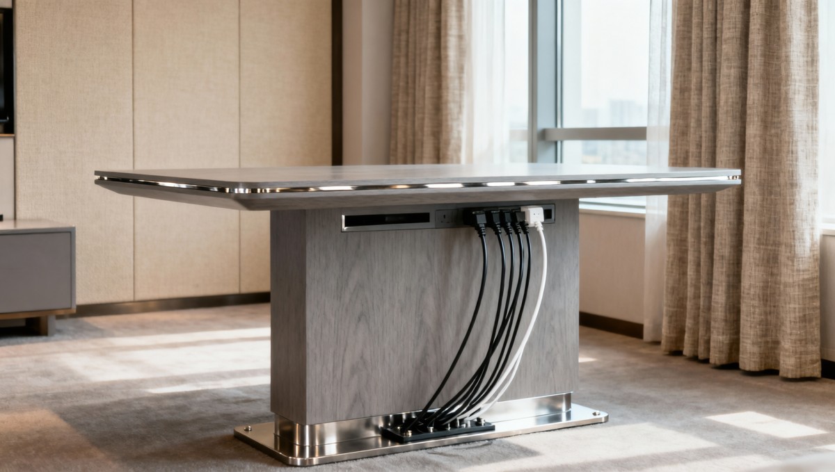 Hotel desks with built-in cable management—and why that matters for acoustics