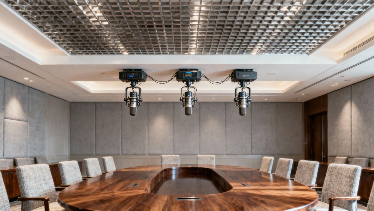 Microphone systems that avoid feedback in multi-layered hotel ceilings