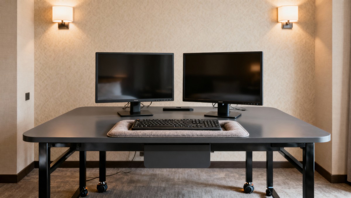 Hotel desks that support dual monitors without amplifying keyboard noise