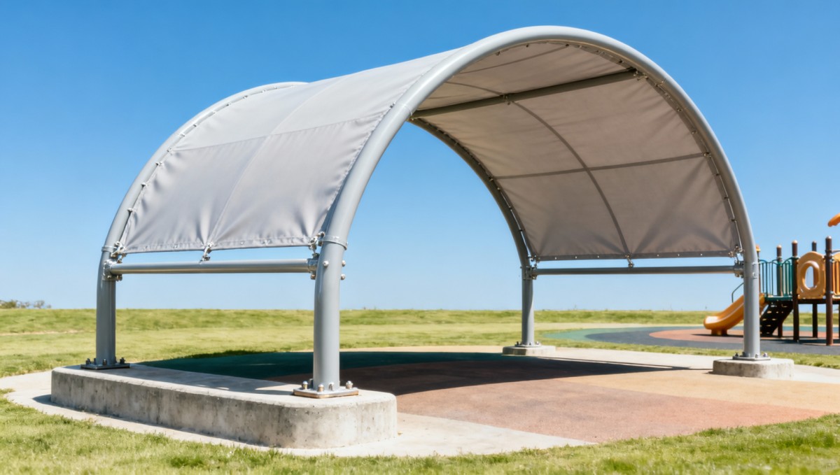 Playground shade structures with UV-rated fabric — but no wind-load testing data