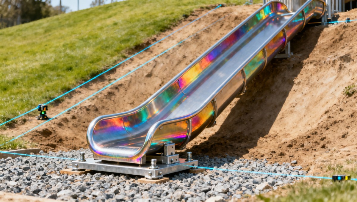 Commercial slides installed on uneven ground — what inspectors really check