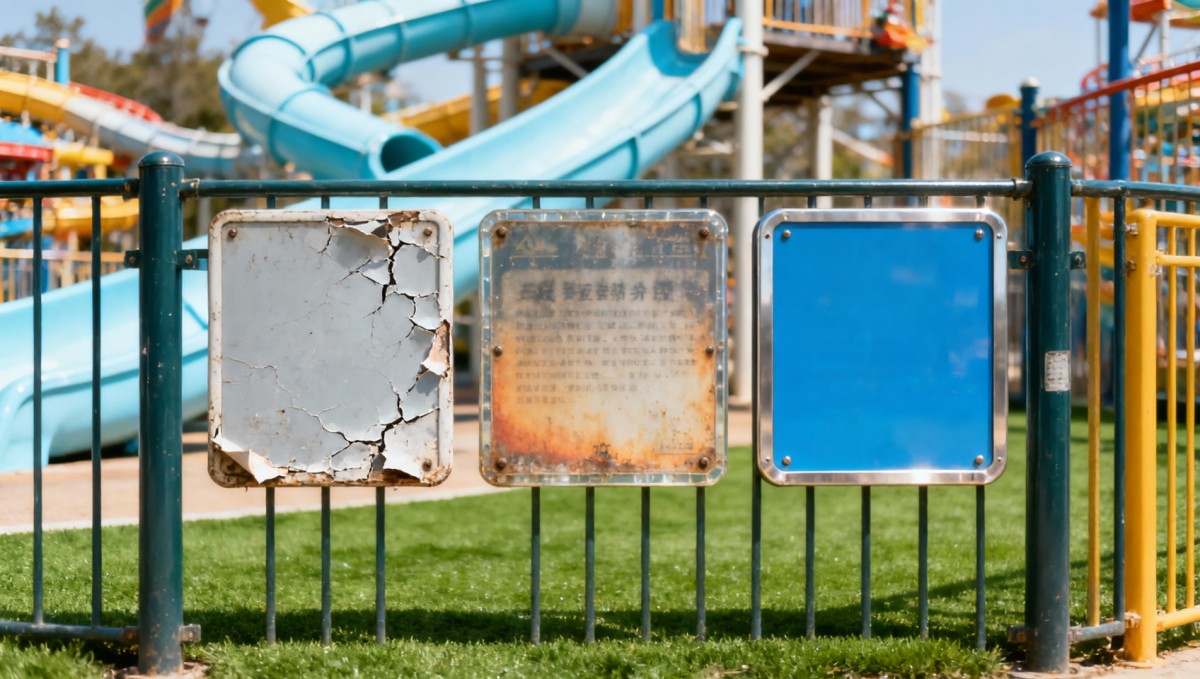 Amusement park signage materials that crack, fade, or mislead under real weather