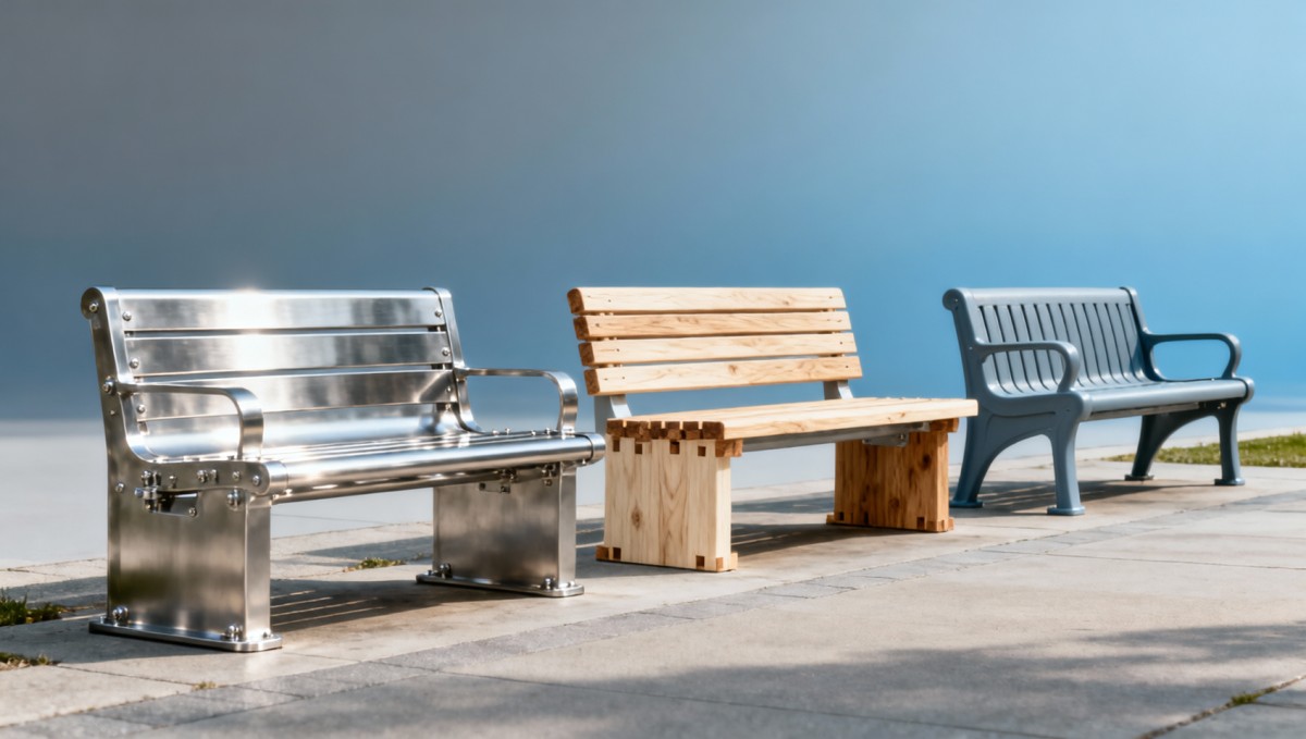 Park benches designed for high-traffic public spaces