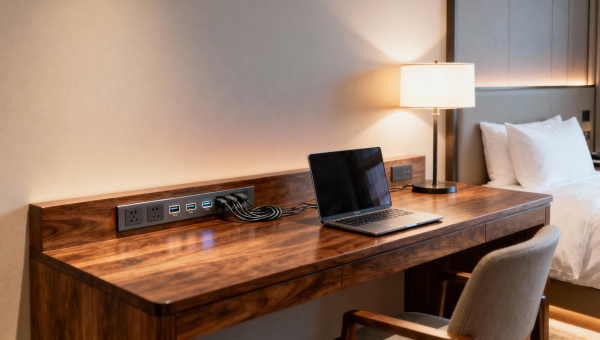Hotel desks with built in power are now expected