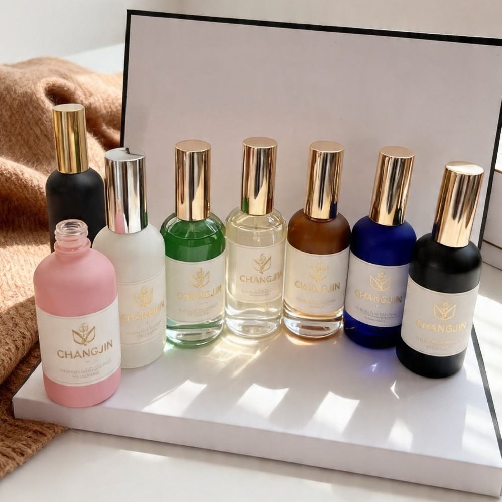 Botella de perfume única, reutilizable, de lujo, vacía, de alta gama, 50ml 100ml, color champán, con logotipo personalizado y pulverizador