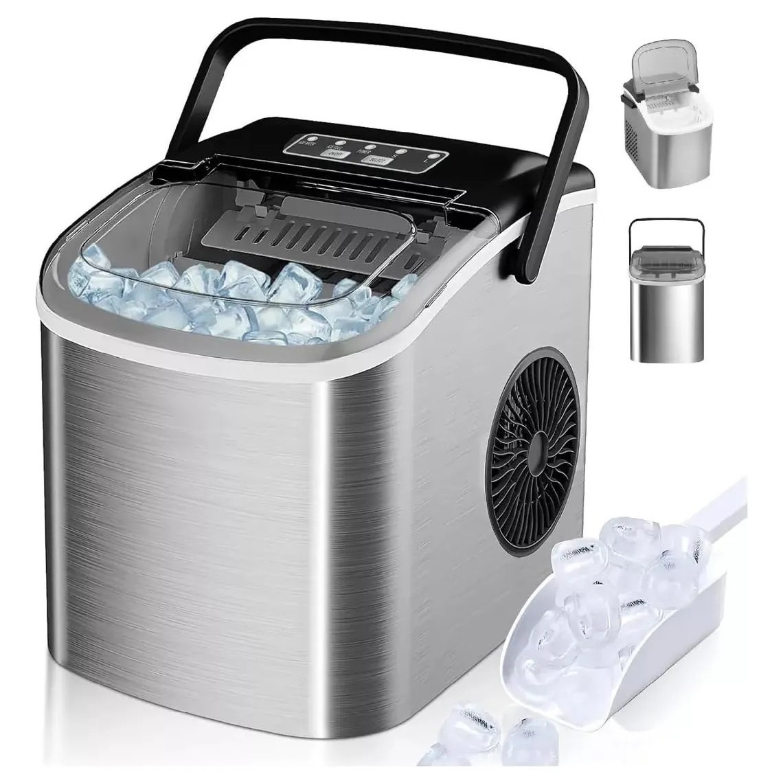 Esta máquina de hielo portátil, de gran capacidad y totalmente automática, con forma de cubo, es un producto superventas. Cuenta con asa, función de autolimpieza y cesta para hielo. Puede fabricar 8 cubitos de hielo en 5 minutos, lo que la convierte en una opción ideal para hogares, cocinas y fiestas.