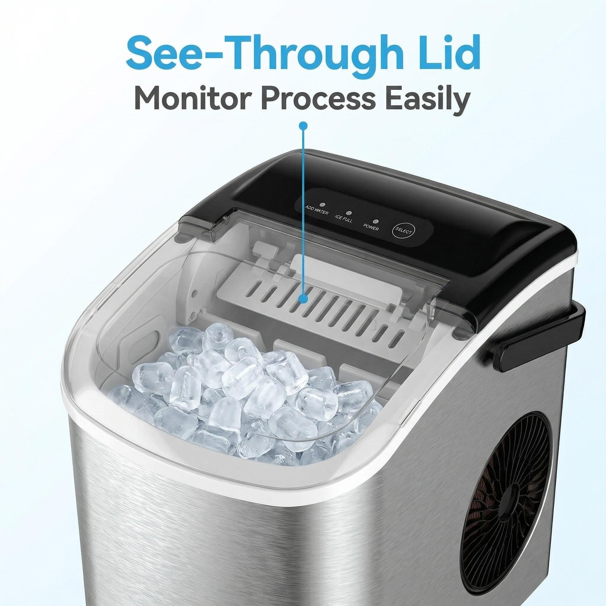 Esta máquina de hielo portátil, de gran capacidad y totalmente automática, con forma de cubo, es un producto superventas. Cuenta con asa, función de autolimpieza y cesta para hielo. Puede fabricar 8 cubitos de hielo en 5 minutos, lo que la convierte en una opción ideal para hogares, cocinas y fiestas.
