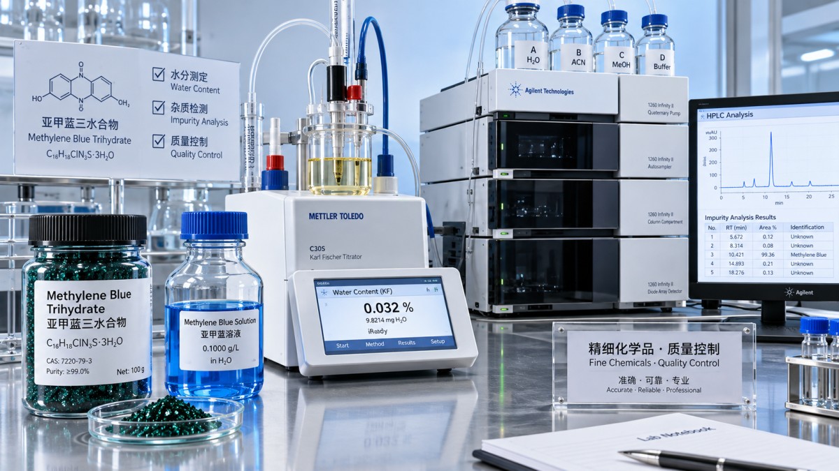 Azul de metileno tri-hidratado de grau laboratorial: base de ensaio e verificação de impurezas