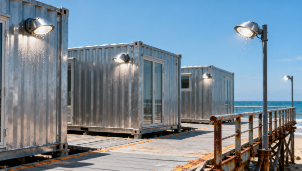 What IP rating do commercial outdoor lighting fixtures really need for coastal installations?