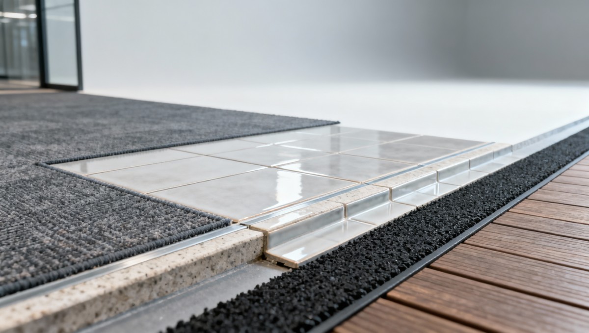 Commercial flooring transitions where slip resistance drops unexpectedly