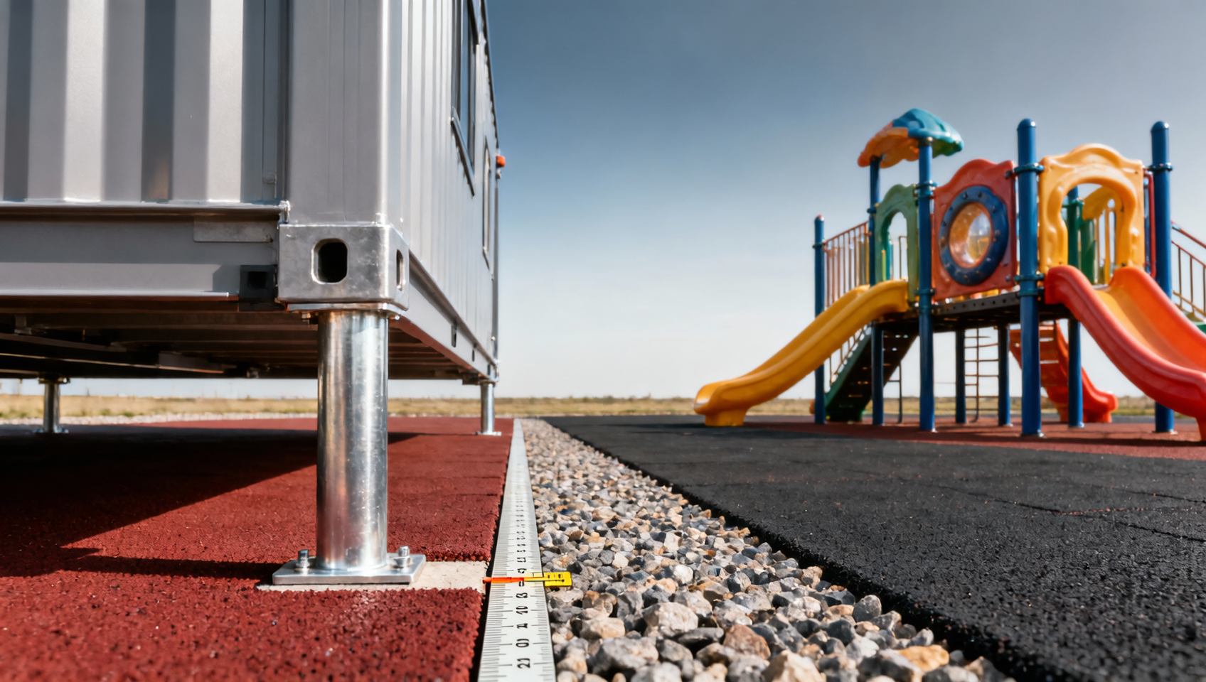 Playground safety compliance gaps in prefab guest village layouts—especially near modular cabins