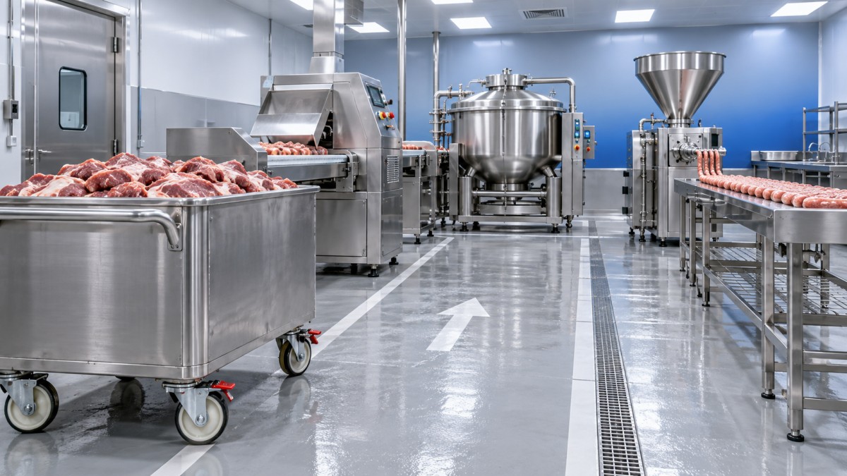 Meat Trolley Workflow Design for Cutting, Mixing, and Filling Areas Проектирование рабочего процесса с мясными тележками для зон нарезки, смешивания и наполнения