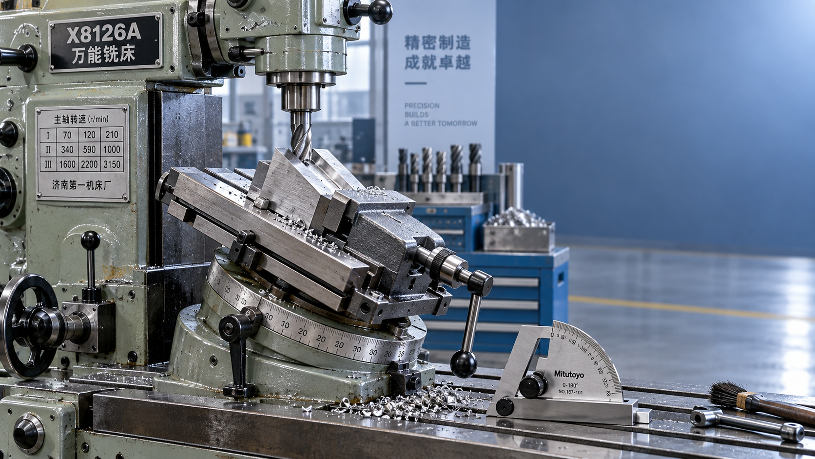 Can the Universal milling machine X8126A handle angled parts without re-clamping? ¿Puede la fresadora universal X8126A mecanizar piezas angulares sin necesidad de volver a sujetarlas?